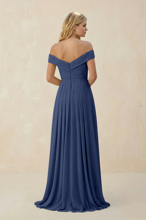 Off - the - Shoulder Pleated A - Line Chiffon Bridesmaid Dress in Navy - KissProm Bridesmaid Dresses