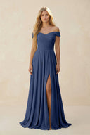 Off - the - Shoulder Pleated A - Line Chiffon Bridesmaid Dress in Navy - KissProm Bridesmaid Dresses