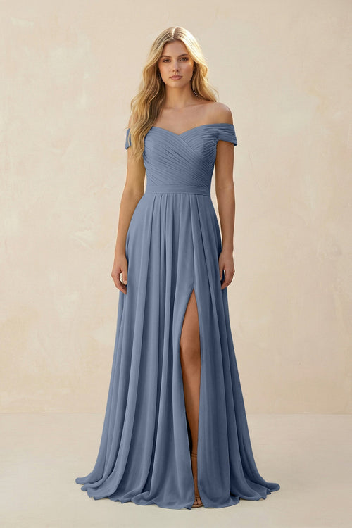 KissProm Off-the-Shoulder Pleated A-Line Chiffon Bridesmaid Dress in Neptune, Neptune / 16
