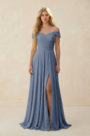 Off - the - Shoulder Pleated A - Line Chiffon Bridesmaid Dress in Neptune - KissProm Bridesmaid Dresses
