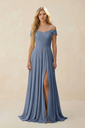 Off - the - Shoulder Pleated A - Line Chiffon Bridesmaid Dress in Neptune - KissProm Bridesmaid Dresses