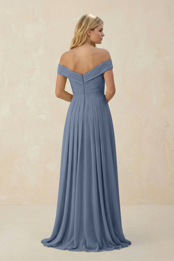 Off - the - Shoulder Pleated A - Line Chiffon Bridesmaid Dress in Neptune - KissProm Bridesmaid Dresses