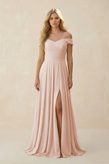 Off - the - Shoulder Pleated A - Line Chiffon Bridesmaid Dress in Pale Blush - KissProm Bridesmaid Dresses