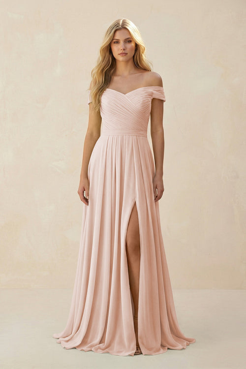 Off - the - Shoulder Pleated A - Line Chiffon Bridesmaid Dress in Pale Blush - KissProm Bridesmaid Dresses