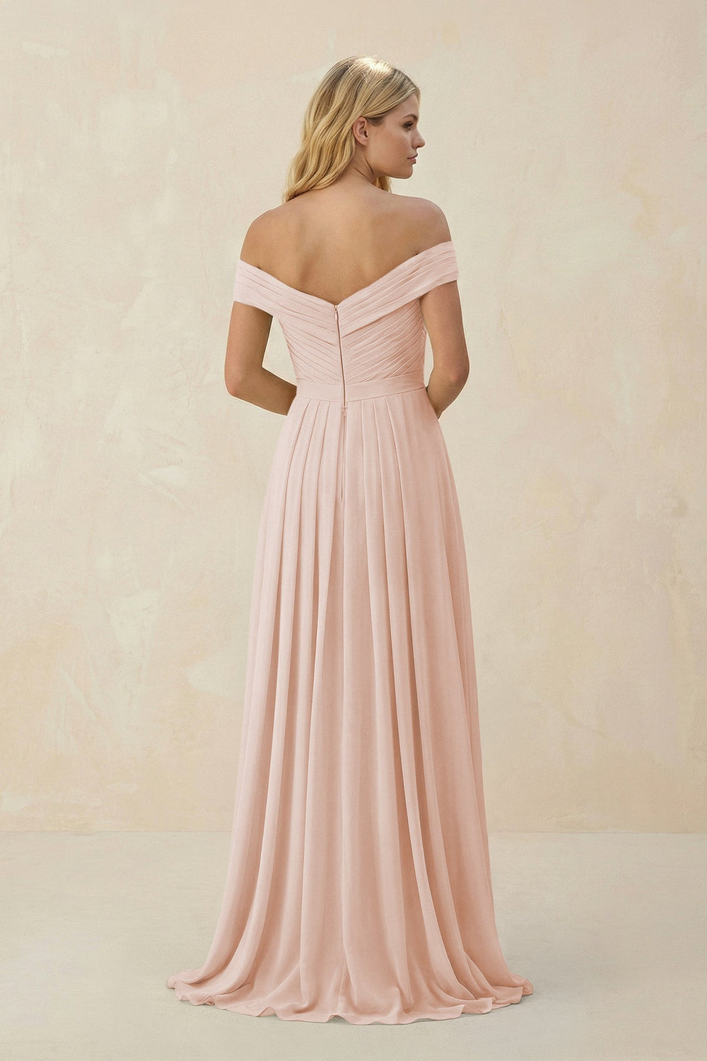 Off - the - Shoulder Pleated A - Line Chiffon Bridesmaid Dress in Pale Blush - KissProm Bridesmaid Dresses