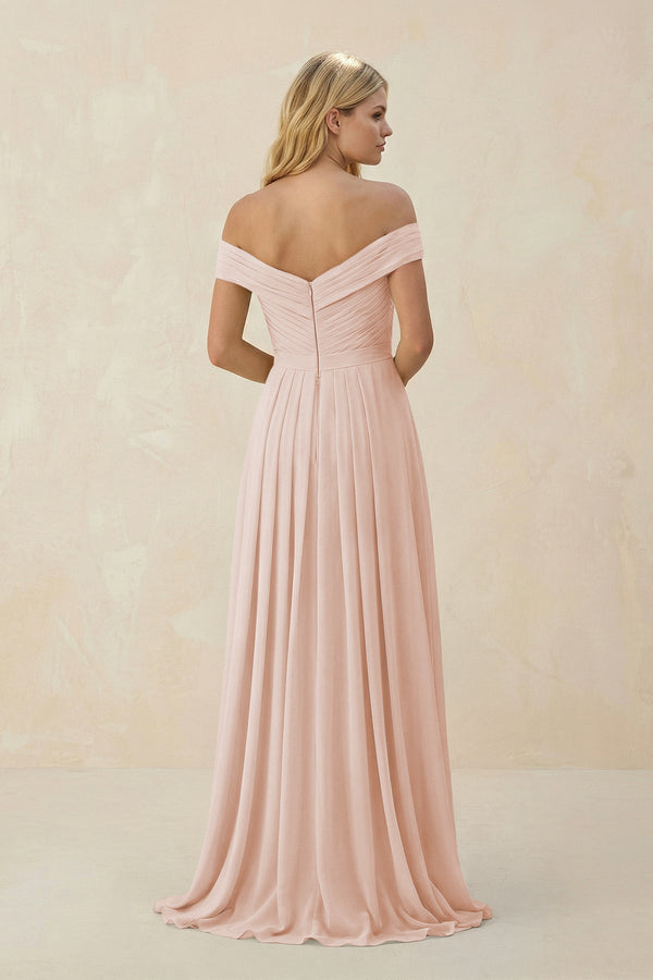 Off - the - Shoulder Pleated A - Line Chiffon Bridesmaid Dress in Pale Blush - KissProm Bridesmaid Dresses