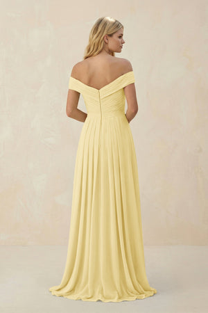 Off - the - Shoulder Pleated A - Line Chiffon Bridesmaid Dress in Pastel Yellow - KissProm Bridesmaid Dresses