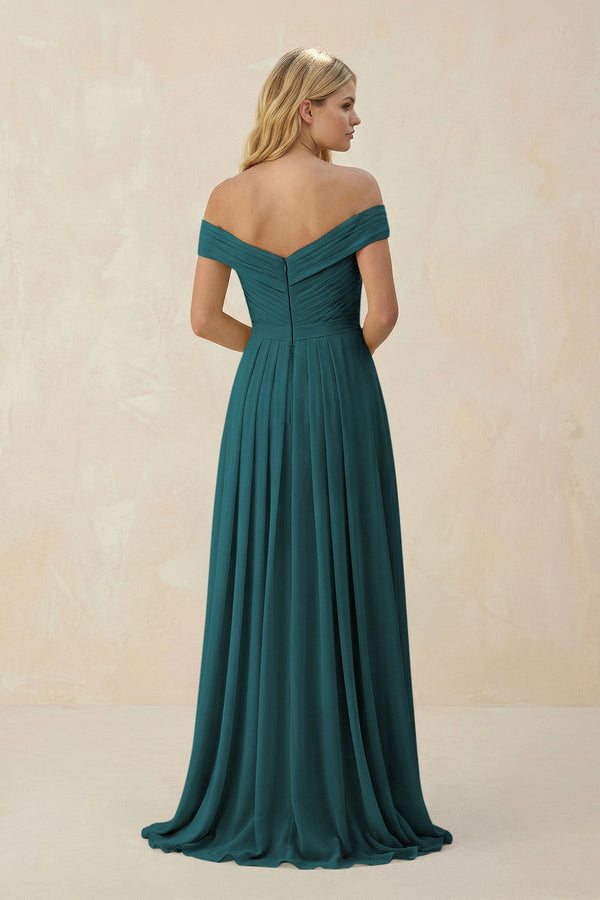 Off - the - Shoulder Pleated A - Line Chiffon Bridesmaid Dress in Pine - KissProm Bridesmaid Dresses