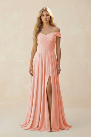 Off - the - Shoulder Pleated A - Line Chiffon Bridesmaid Dress in Rose Petal - KissProm Bridesmaid Dresses