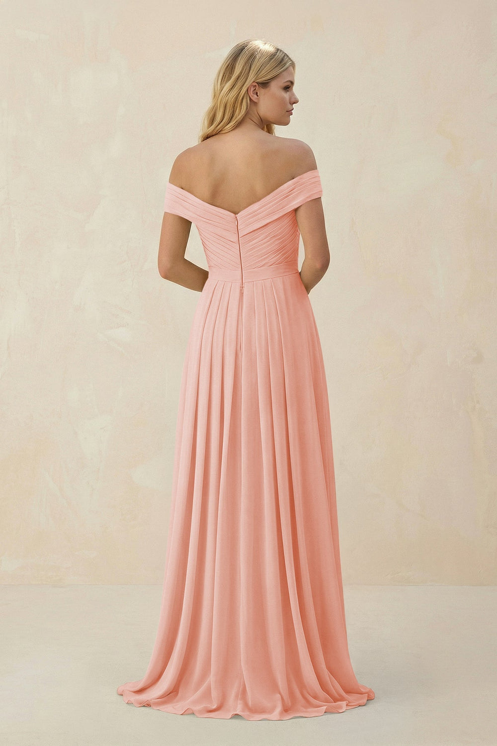 Off - the - Shoulder Pleated A - Line Chiffon Bridesmaid Dress in Rose Petal - KissProm Bridesmaid Dresses