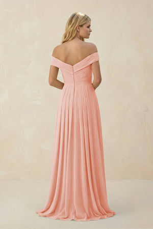 Off - the - Shoulder Pleated A - Line Chiffon Bridesmaid Dress in Rose Petal - KissProm Bridesmaid Dresses