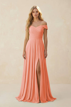 Off - the - Shoulder Pleated A - Line Chiffon Bridesmaid Dress in Rosette - KissProm Bridesmaid Dresses