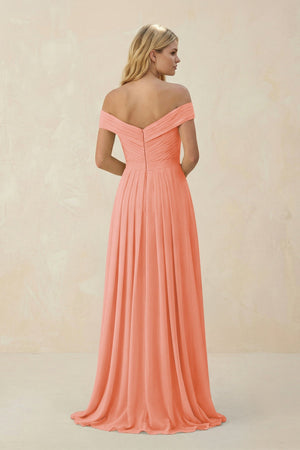 Off - the - Shoulder Pleated A - Line Chiffon Bridesmaid Dress in Rosette - KissProm Bridesmaid Dresses