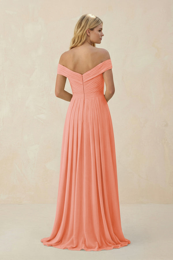 Off - the - Shoulder Pleated A - Line Chiffon Bridesmaid Dress in Rosette - KissProm Bridesmaid Dresses