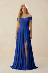 Off - the - Shoulder Pleated A - Line Chiffon Bridesmaid Dress in Royal Blue - KissProm Bridesmaid Dresses