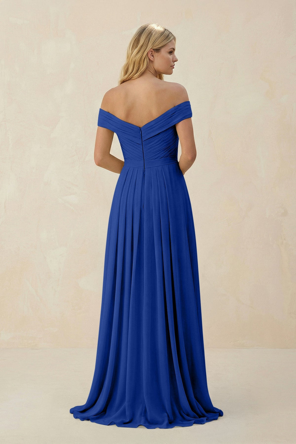 Off - the - Shoulder Pleated A - Line Chiffon Bridesmaid Dress in Royal Blue - KissProm Bridesmaid Dresses