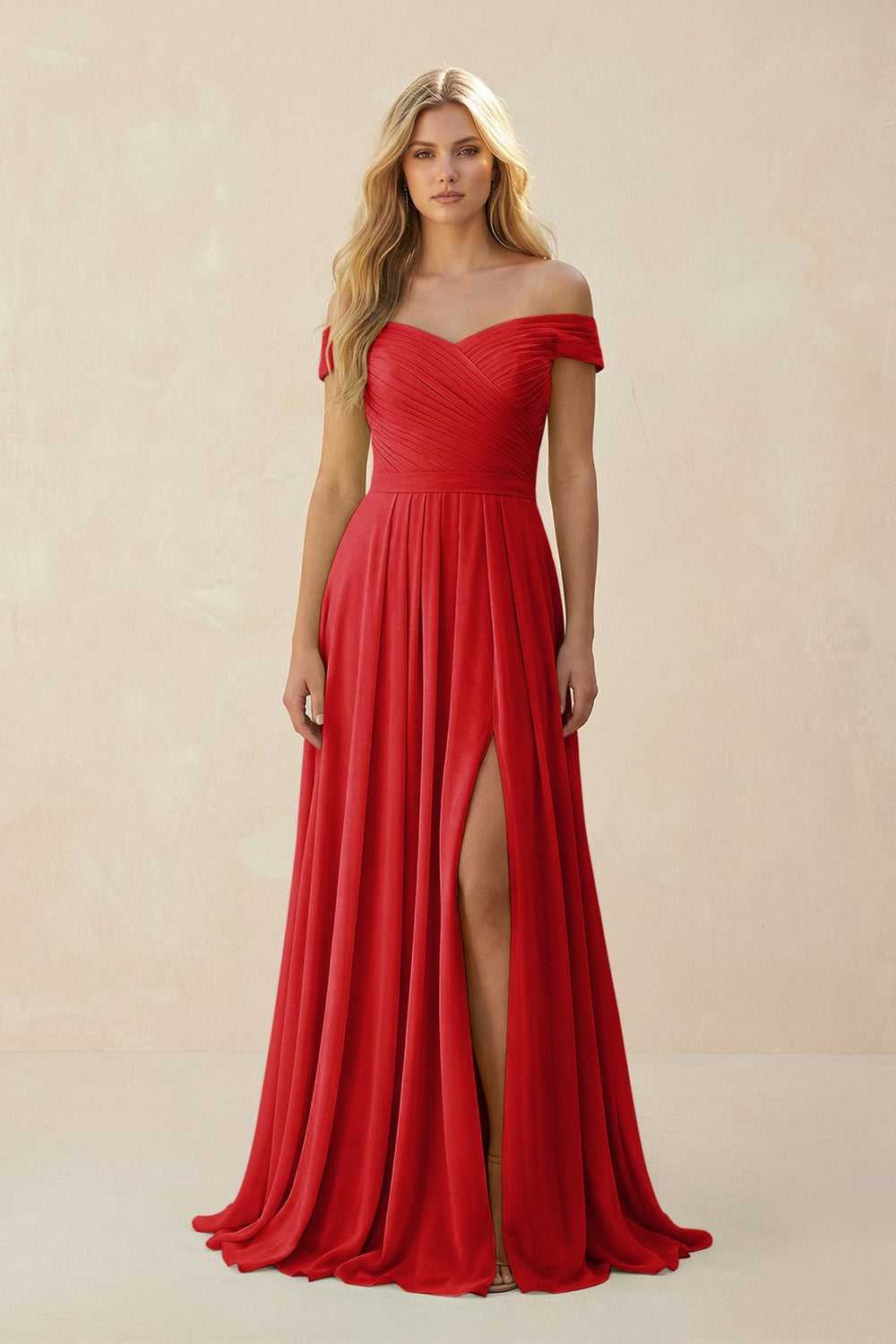 Off - the - Shoulder Pleated A - Line Chiffon Bridesmaid Dress in Ruby Red - KissProm Bridesmaid Dresses
