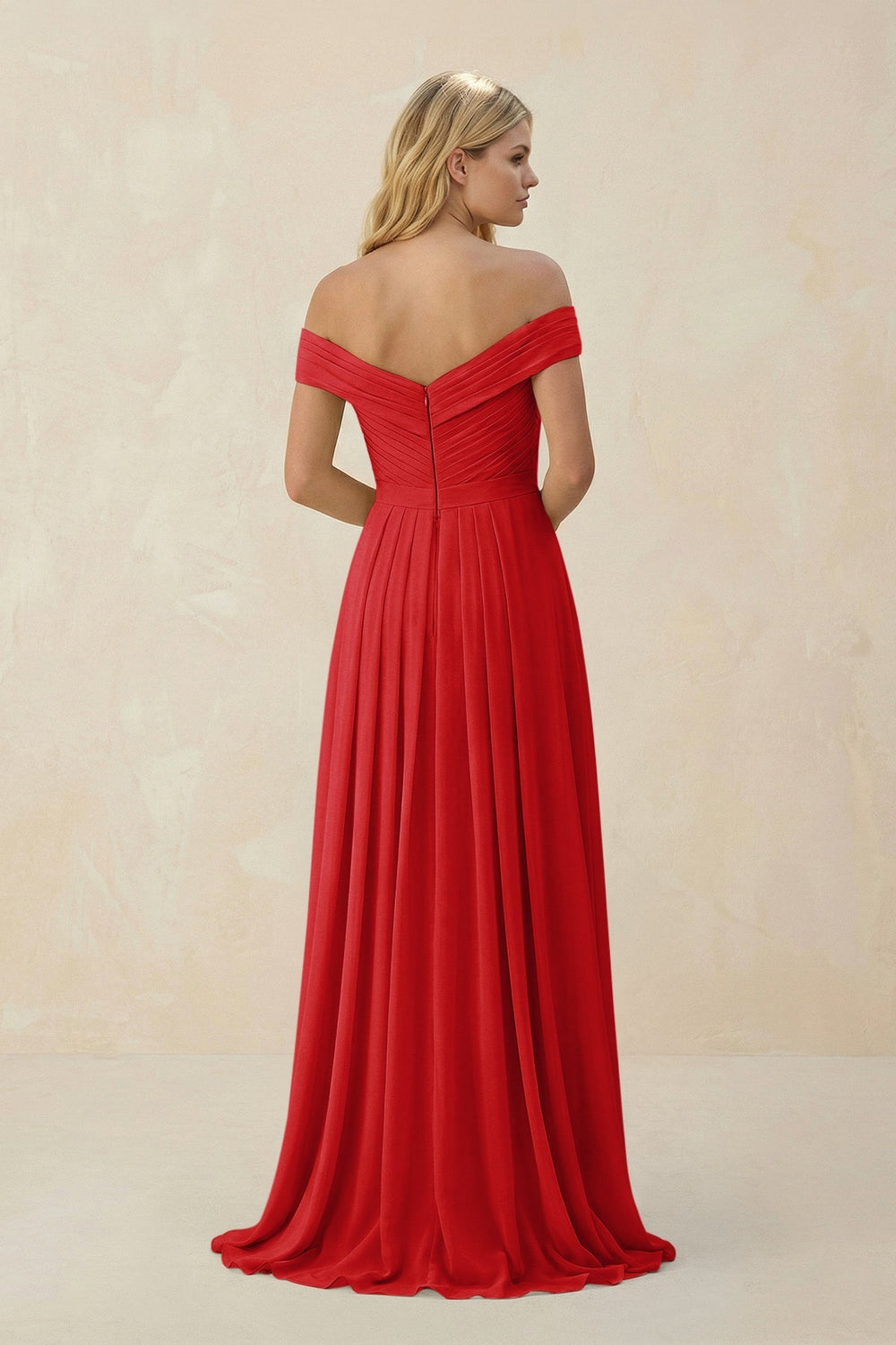 Off - the - Shoulder Pleated A - Line Chiffon Bridesmaid Dress in Ruby Red - KissProm Bridesmaid Dresses