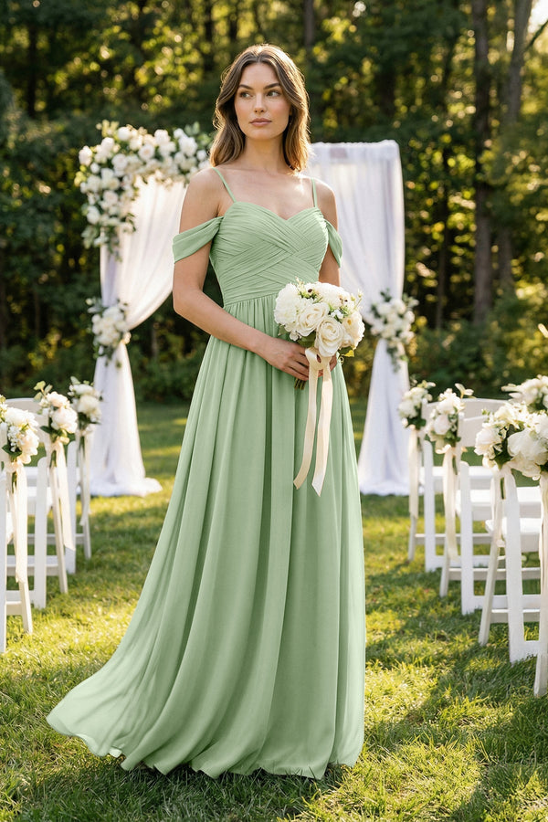 A-Line Off-the-Shoulder Pleated Chiffon Bridesmaid Dress in Sage A-Line Off-the-Shoulder Pleated Chiffon Bridesmaid Dress in Sage