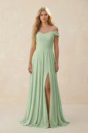 Off - the - Shoulder Pleated A - Line Chiffon Bridesmaid Dress in Sage - KissProm Bridesmaid Dresses
