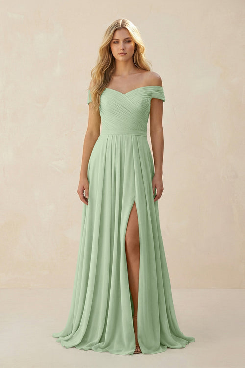 Off - the - Shoulder Pleated A - Line Chiffon Bridesmaid Dress in Sage - KissProm Bridesmaid Dresses