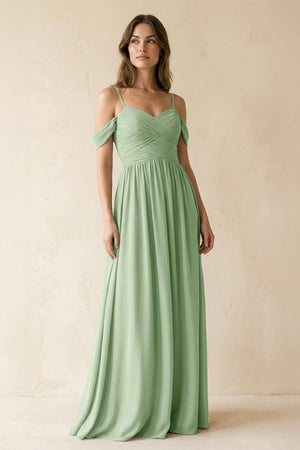Off - the - Shoulder Pleated A - Line Chiffon Bridesmaid Dress in Sage - KissProm Bridesmaid Dresses