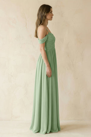 Off - the - Shoulder Pleated A - Line Chiffon Bridesmaid Dress in Sage - KissProm Bridesmaid Dresses