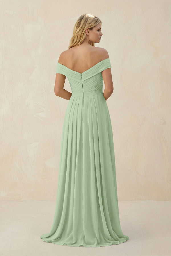 Off - the - Shoulder Pleated A - Line Chiffon Bridesmaid Dress in Sage - KissProm Bridesmaid Dresses