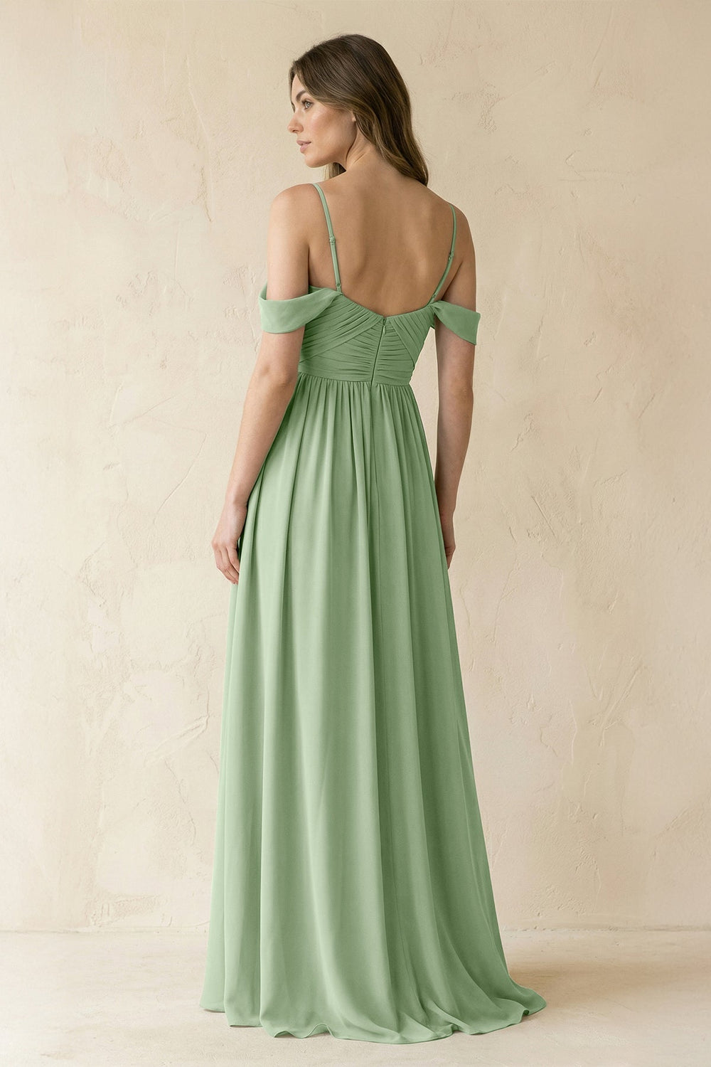 Off - the - Shoulder Pleated A - Line Chiffon Bridesmaid Dress in Sage - KissProm Bridesmaid Dresses