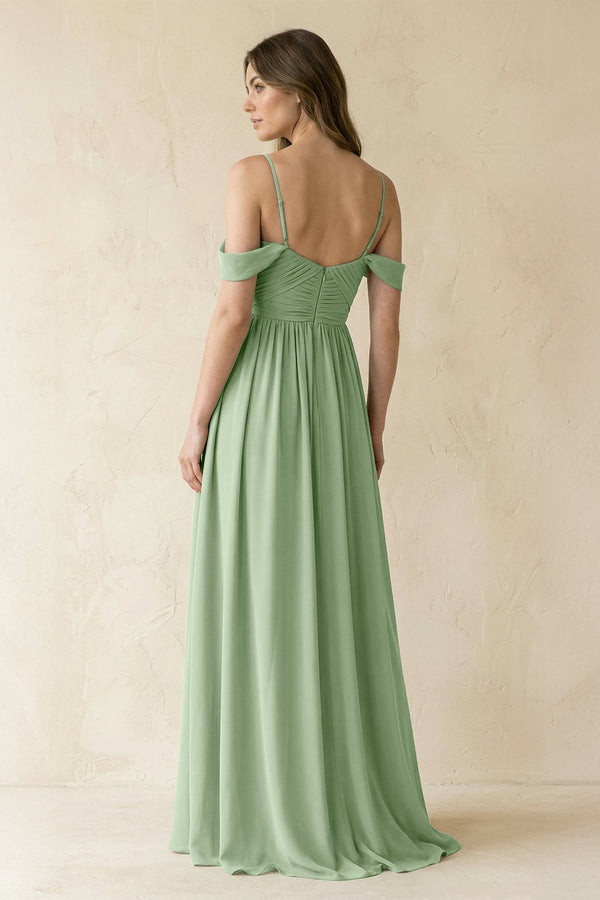 Off - the - Shoulder Pleated A - Line Chiffon Bridesmaid Dress in Sage - KissProm Bridesmaid Dresses