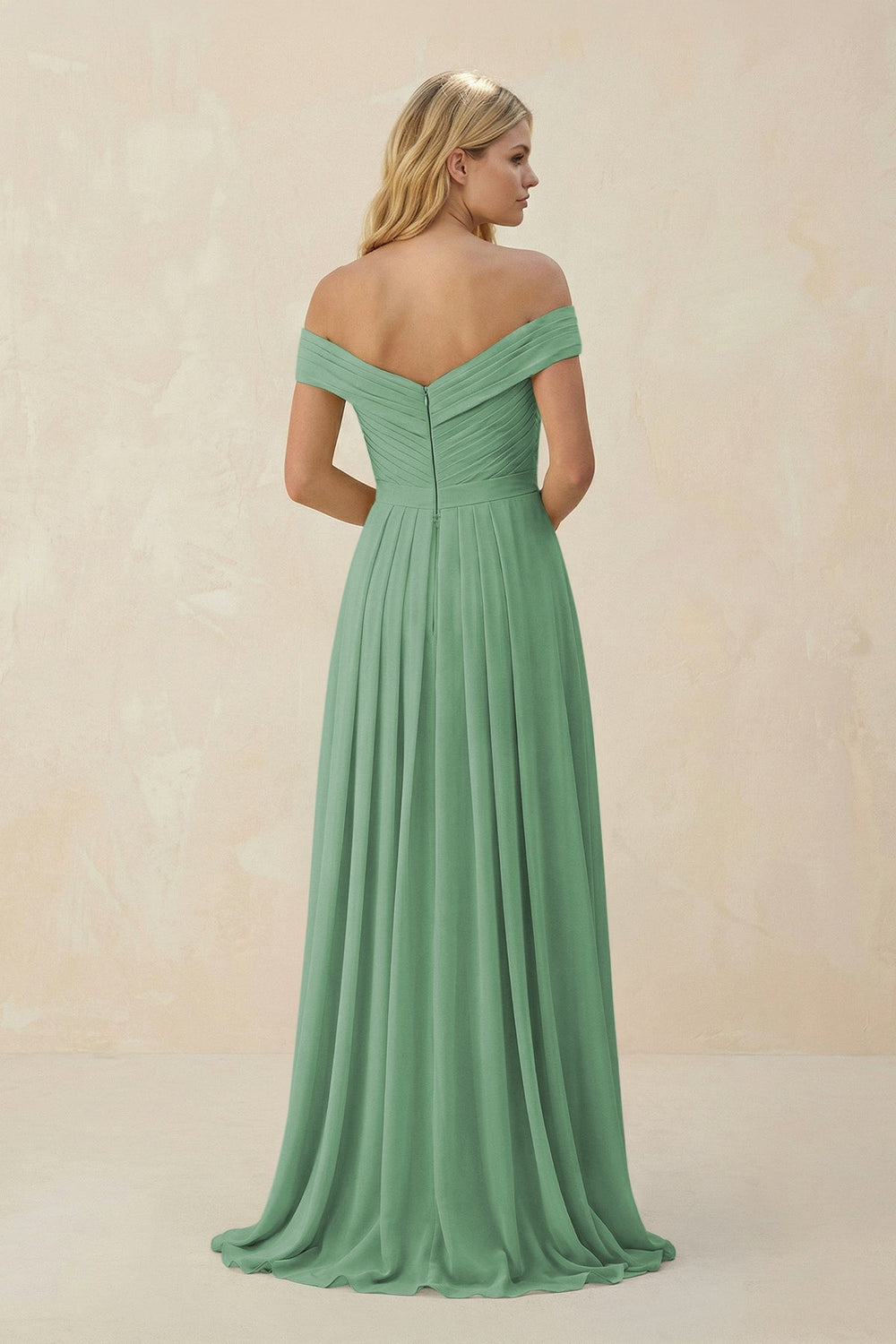 Off - the - Shoulder Pleated A - Line Chiffon Bridesmaid Dress in Sea Glass - KissProm Bridesmaid Dresses