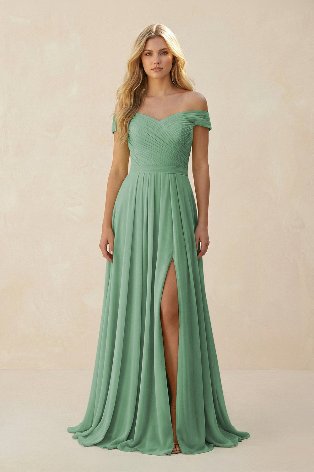 Off - the - Shoulder Pleated A - Line Chiffon Bridesmaid Dress in Sea Glass - KissProm Bridesmaid Dresses