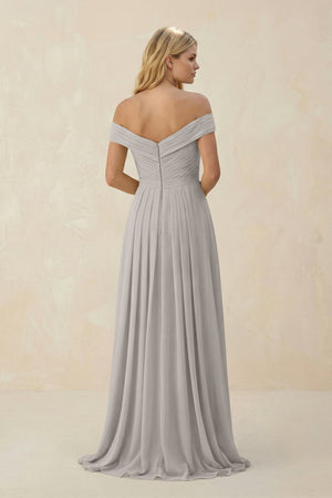 Off - the - Shoulder Pleated A - Line Chiffon Bridesmaid Dress in Silver - KissProm Bridesmaid Dresses