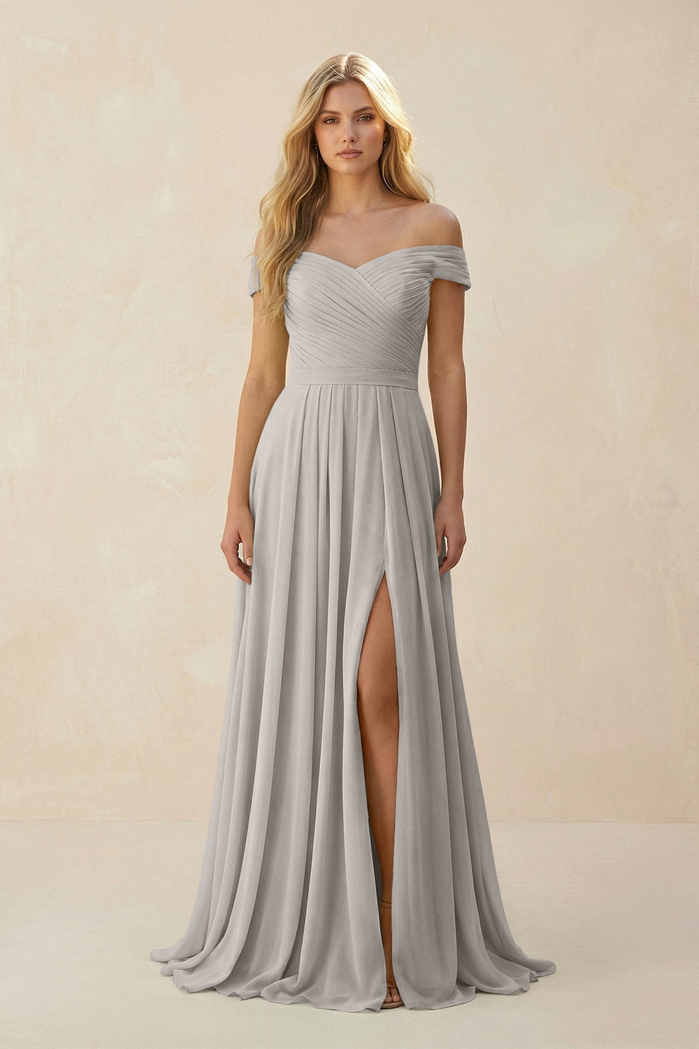 Off - the - Shoulder Pleated A - Line Chiffon Bridesmaid Dress in Silver - KissProm Bridesmaid Dresses