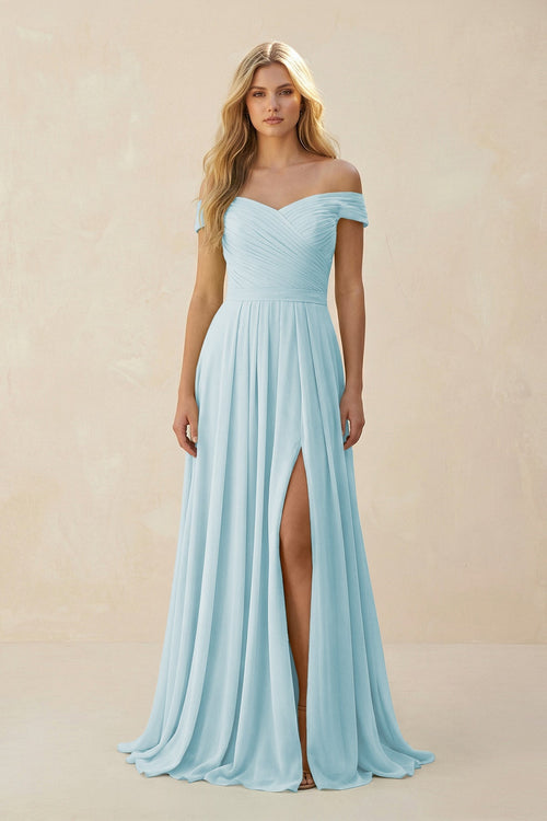 Off - the - Shoulder Pleated A - Line Chiffon Bridesmaid Dress in Sky Blue - KissProm Bridesmaid Dresses