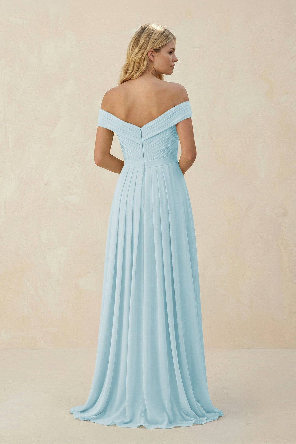 Off - the - Shoulder Pleated A - Line Chiffon Bridesmaid Dress in Sky Blue - KissProm Bridesmaid Dresses