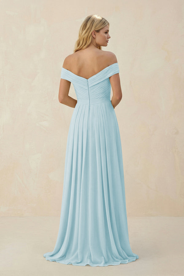 Off - the - Shoulder Pleated A - Line Chiffon Bridesmaid Dress in Sky Blue - KissProm Bridesmaid Dresses