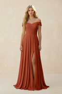 Off - the - Shoulder Pleated A - Line Chiffon Bridesmaid Dress in Spice - KissProm Bridesmaid Dresses