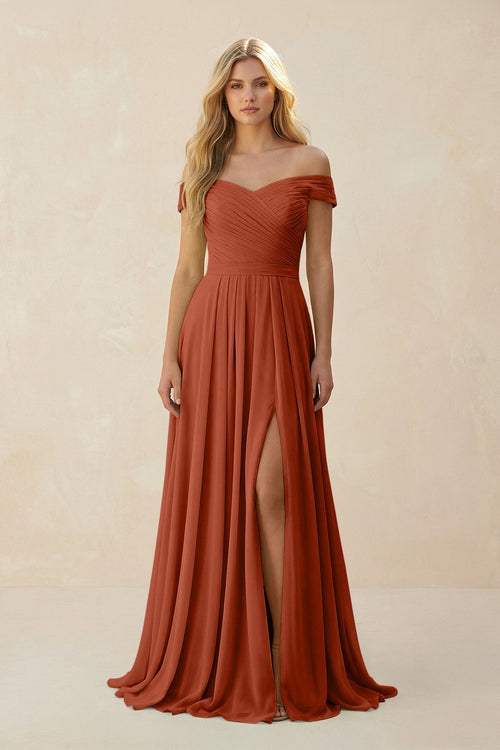 Off - the - Shoulder Pleated A - Line Chiffon Bridesmaid Dress in Spice - KissProm Bridesmaid Dresses