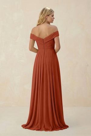 Off - the - Shoulder Pleated A - Line Chiffon Bridesmaid Dress in Spice - KissProm Bridesmaid Dresses