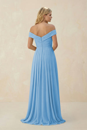 Off - the - Shoulder Pleated A - Line Chiffon Bridesmaid Dress in Steel Blue - KissProm Bridesmaid Dresses