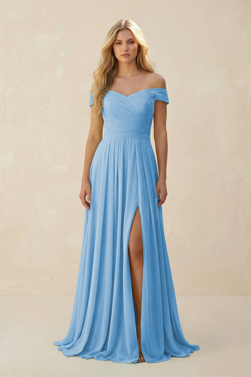 Off - the - Shoulder Pleated A - Line Chiffon Bridesmaid Dress in Steel Blue - KissProm Bridesmaid Dresses