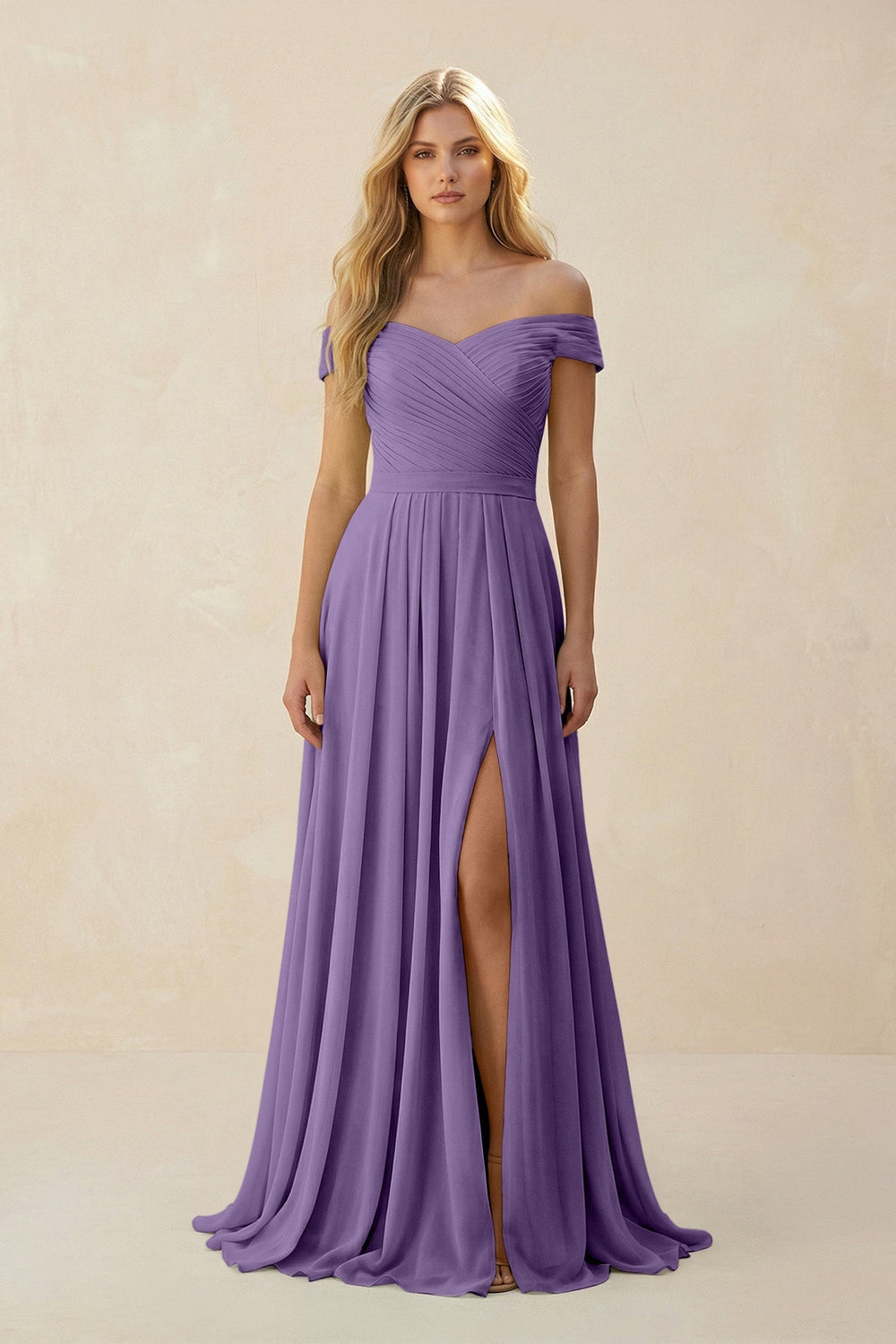 Off - the - Shoulder Pleated A - Line Chiffon Bridesmaid Dress in Tahiti - KissProm Bridesmaid Dresses