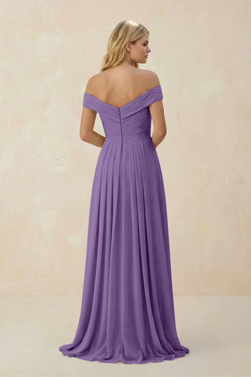 Off - the - Shoulder Pleated A - Line Chiffon Bridesmaid Dress in Tahiti - KissProm Bridesmaid Dresses