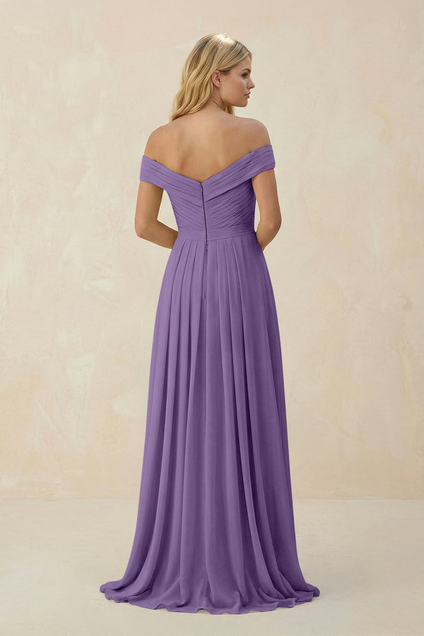 Off - the - Shoulder Pleated A - Line Chiffon Bridesmaid Dress in Tahiti - KissProm Bridesmaid Dresses