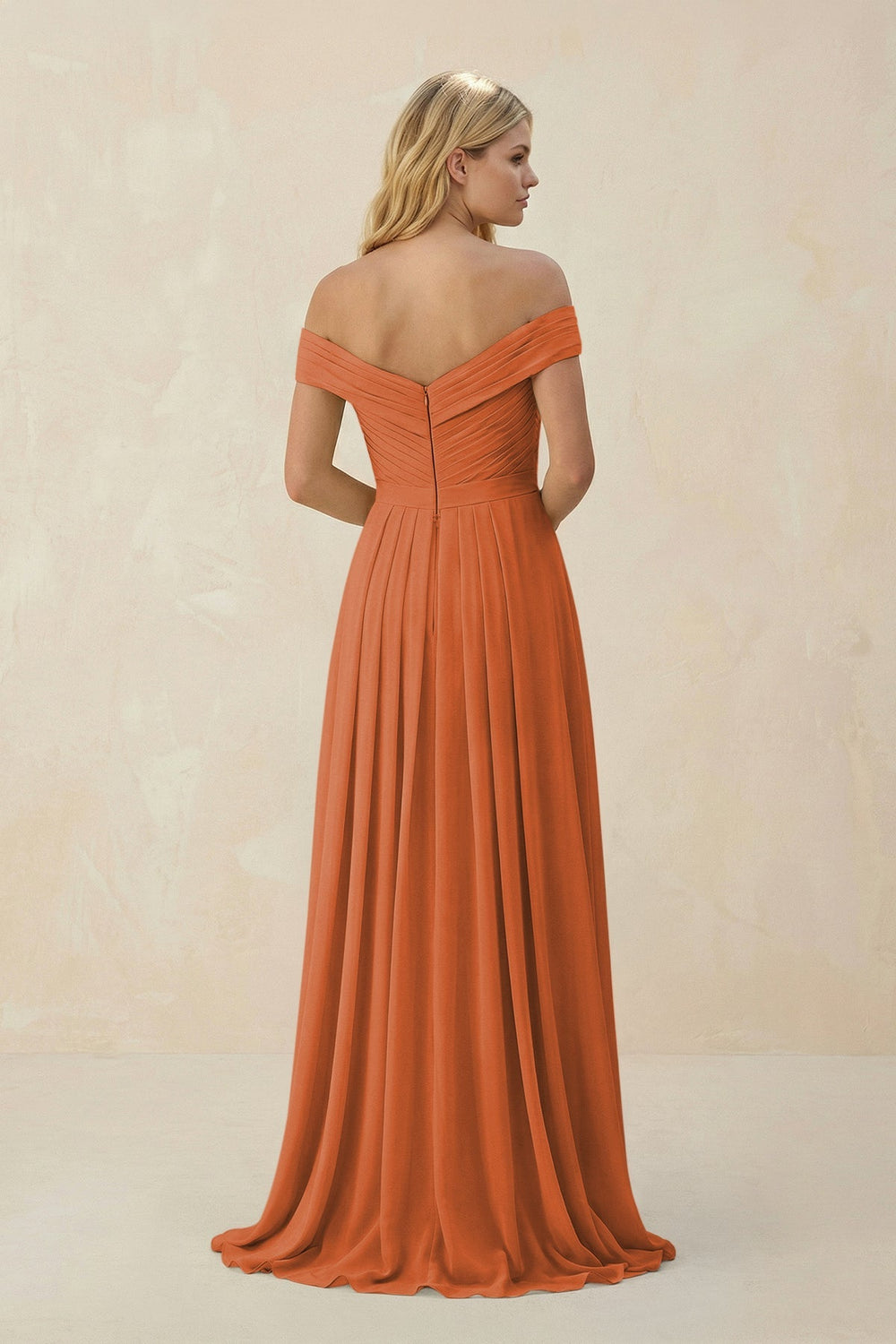 Off - the - Shoulder Pleated A - Line Chiffon Bridesmaid Dress in Terracotta - KissProm Bridesmaid Dresses