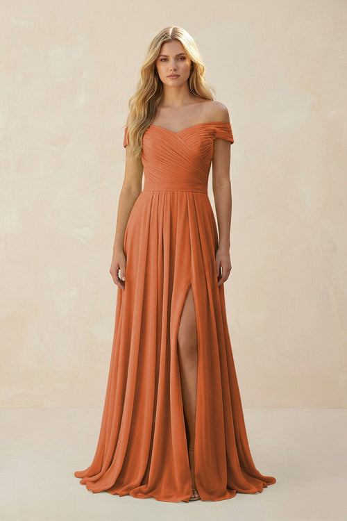 Off - the - Shoulder Pleated A - Line Chiffon Bridesmaid Dress in Terracotta - KissProm Bridesmaid Dresses