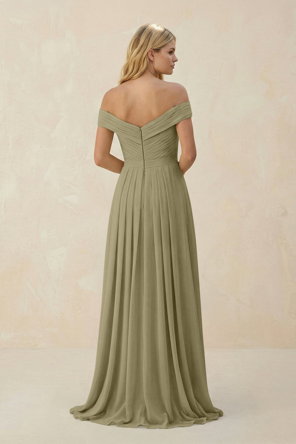 Off - the - Shoulder Pleated A - Line Chiffon Bridesmaid Dress in Thyme - KissProm Bridesmaid Dresses