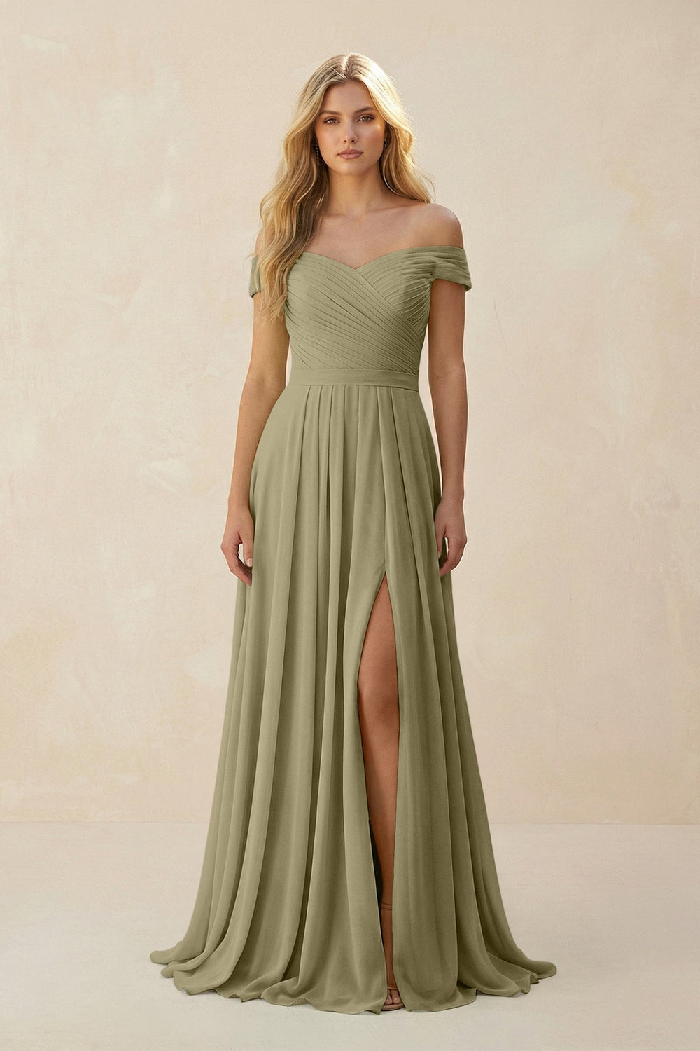 Off - the - Shoulder Pleated A - Line Chiffon Bridesmaid Dress in Thyme - KissProm Bridesmaid Dresses