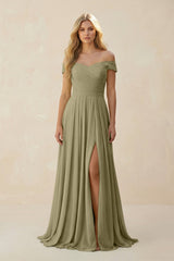 Off - the - Shoulder Pleated A - Line Chiffon Bridesmaid Dress in Thyme - KissProm Bridesmaid Dresses